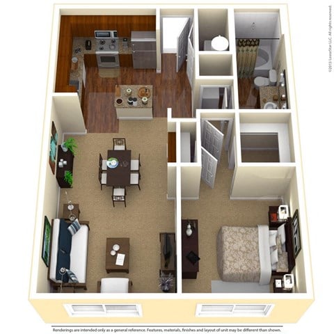 Floor plan for 1 bed, 1 bath, 888 sqft